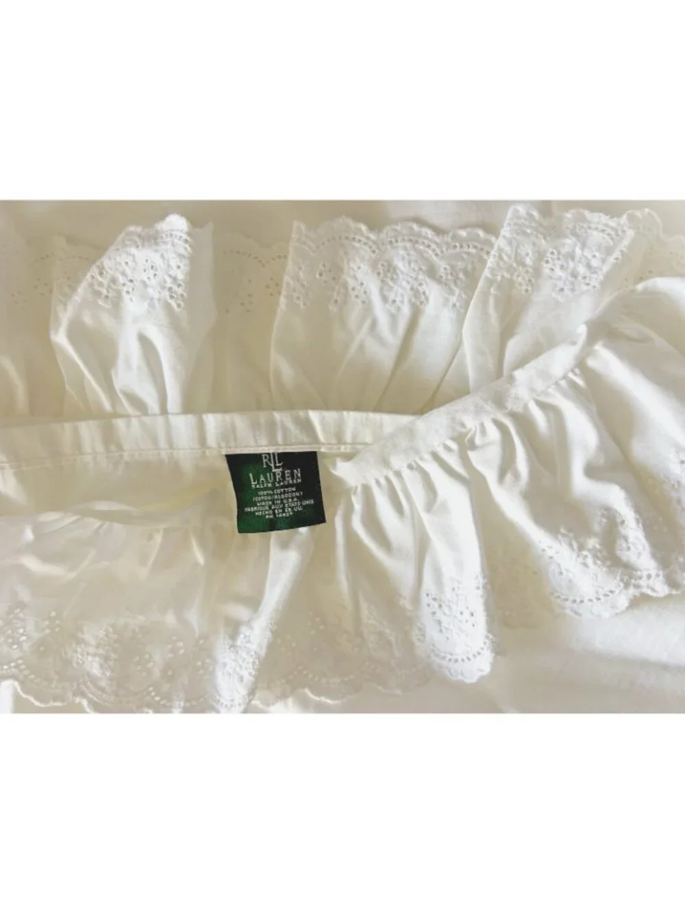 LAUREN RALPH LAUREN KING Flat Sheet Bromley White Ruffled Eyelet 100% Cotton USA